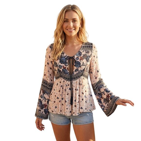 Kim Gravel Tops - Kim Gravel Bellisima Boho Top Small Pink Floral Tassel Feminine Romantic NWT